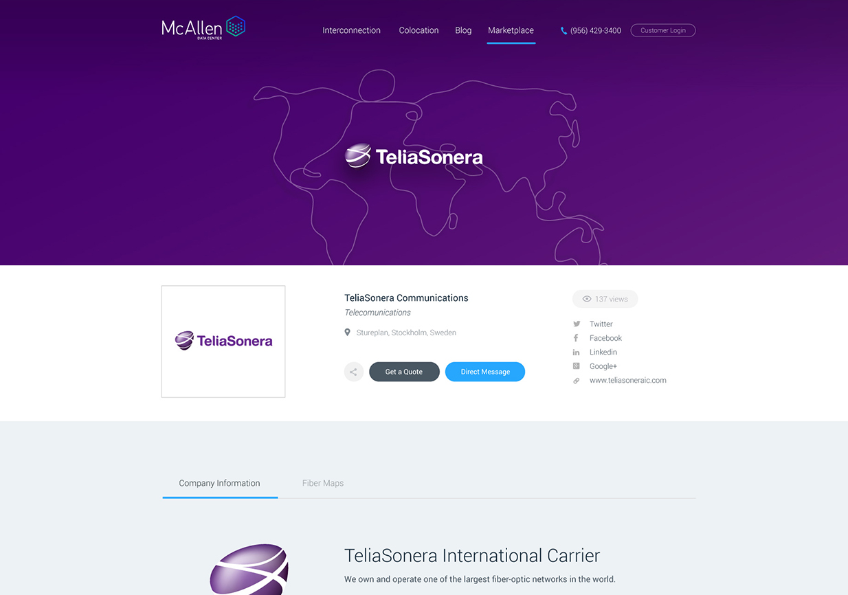 Example of a Carrier Storefront in the MDC Marketplace – We will work on adapting this profile to Telia Carrier’s new branding guidelines.